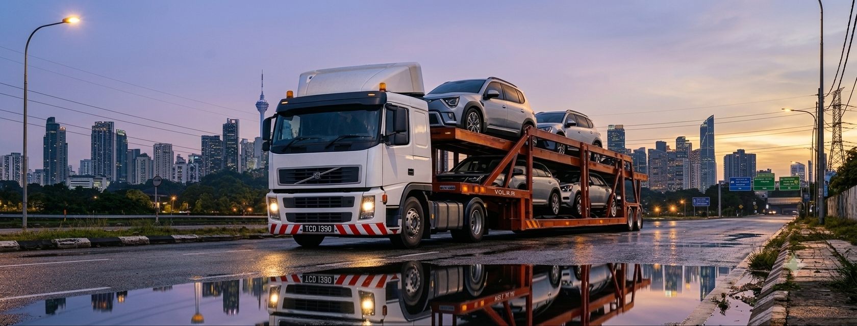 GLSB car carrier loaded with vehicles against the KL skyline